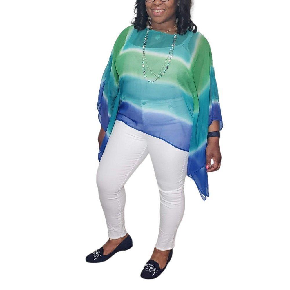 Chico's Sheer Blue Green Pullover Dolman Sleeve Top Sz S/M